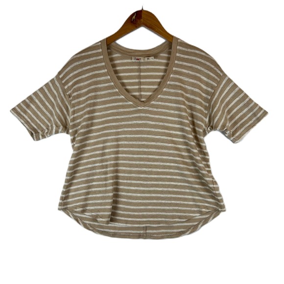 Faherty Tops - Faherty Womens Tan White Stripe 100% Oceanside Linen V-Neck Short Sleeve Tee XS